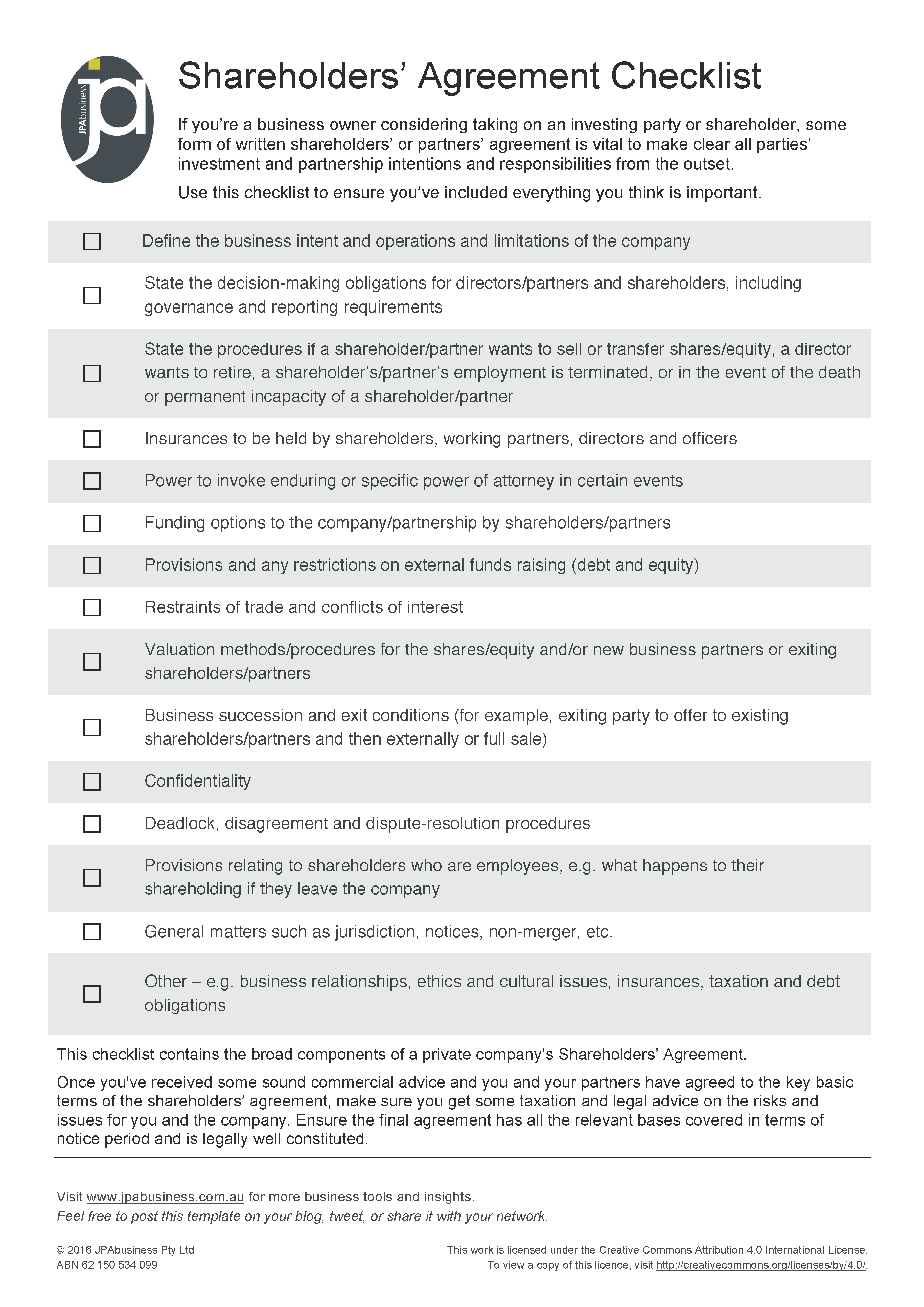 What To Include In Your Shareholders Agreement checklist 